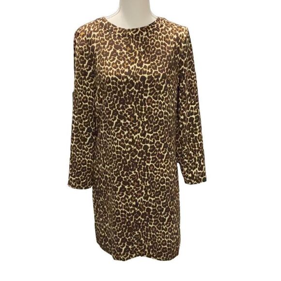J Crew Long Sleeve Cheetah Animal Print Sheath Dress Brown Ivory Size 4 - Picture 1 of 7